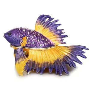 NIB! Gorgeous Purple and Yellow Beta Fish Trinket Box with Satin Lined G…